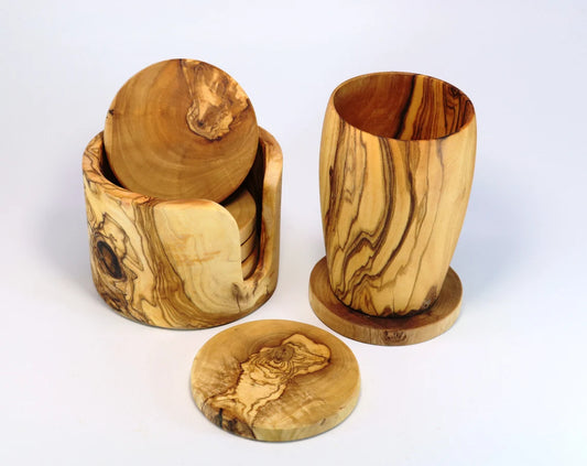 Drinking cup set including holder and coasters made of olive wood